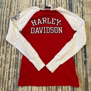 HARLEY DAVIDSON Shirt Womens Small Long Sleeve Red & WhiteStitched Logo